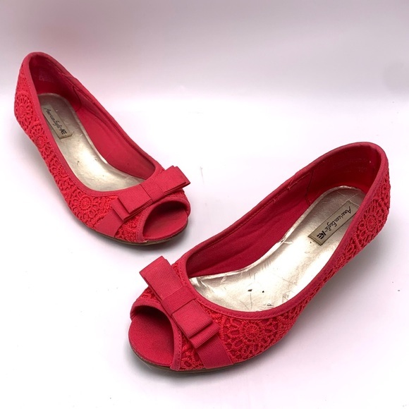 American Eagle Pink Peep Toe Crochet Cork Wedges - Picture 2 of 14